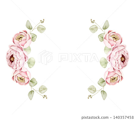 Symmetrical floral arrangement with pink ranunculus flowers and eucalyptus leaves. Watercolor hand painted composition for invitations, greeting cards, stationery, wall art and wedding projects. Symmetrical floral arrangement with pink ranunculus flowers and eucalyptus leaves. Watercolor hand painted composition for invitations, greeting cards, stationery, wall art and wedding projects. 140357458