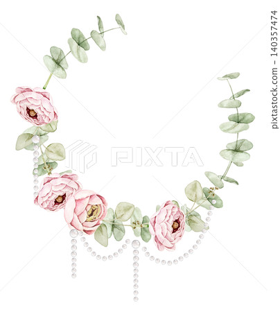 Floral wreath with pink ranunculus flowers, eucalyptus leaves and hanging pearl strands. Watercolor hand painted composition for invitations, greeting cards, stationery, scrapbook and wedding designs. 140357474