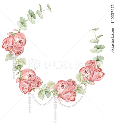 Floral wreath with pink ranunculus flowers, eucalyptus leaves and hanging pearl strands. Watercolor hand painted composition for invitations, greeting cards, stationery and wedding designs. Floral wreath with pink ranunculus flowers, eucalyptus leaves and hanging pearl strands. Watercolor hand painted composition for invitations, greeting cards, stationery and wedding designs. 140357475