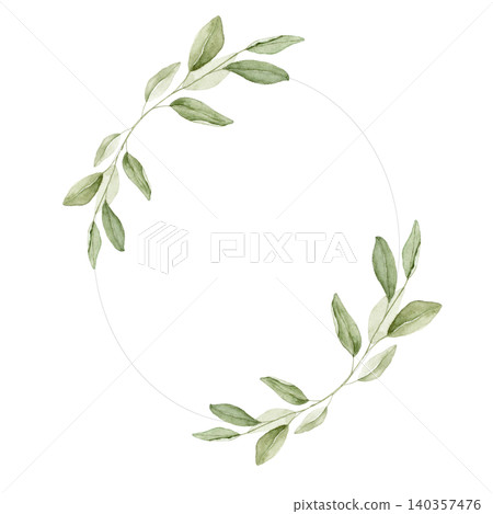 Oval frame with green leaves and eucalyptus branches. Watercolor hand painted composition for invitations, greeting cards, stationery, scrapbook projects, wall art and wedding designs. 140357476