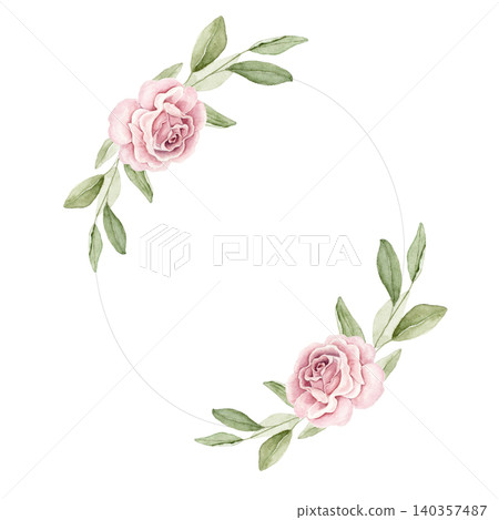 Oval frame with pink rose flowers and green leaves. Watercolor hand painted composition for invitations, greeting cards, stationery, wall art, scrapbook projects and wedding designs. Oval frame with pink rose flowers and green leaves. Watercolor hand painted composition for invitations, greeting cards, stationery, wall art, scrapbook projects and wedding designs. 140357487