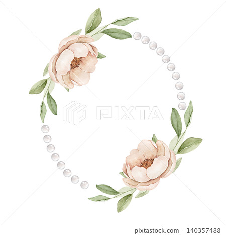 Oval pearl wreath with cream flowers and green leaves. Watercolor hand painted composition for invitations, greeting cards, stationery, wall art, scrapbook projects and wedding designs. Oval pearl wreath with cream flowers and green leaves. Watercolor hand painted composition for invitations, greeting cards, stationery, wall art, scrapbook projects and wedding designs. 140357488