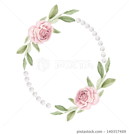 Oval pearl wreath with pink rose flowers and green leaves. Watercolor hand painted composition for invitations, greeting cards, stationery, wall art, scrapbook projects and wedding designs. Oval pearl wreath with pink rose flowers and green leaves. Watercolor hand painted composition for invitations, greeting cards, stationery, wall art, scrapbook projects and wedding designs. 140357489