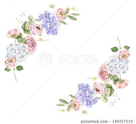 Corner floral frame with pink roses, blue hydrangeas, white flowers and green leaves. Watercolor hand painted composition with central space for text. For invitations, cards, stationery and weddings. Corner floral frame with pink roses, blue hydrangeas, white flowers and green leaves. Watercolor hand painted composition with central space for text. For invitations, cards, stationery and weddings. 140357533