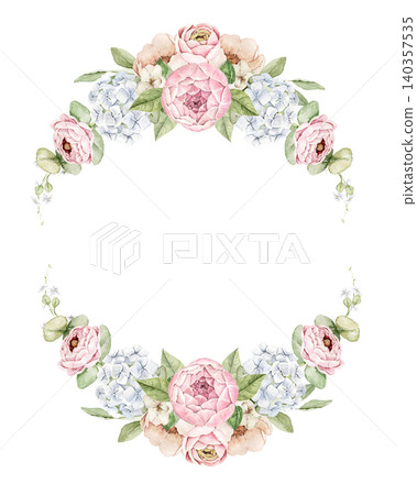 Oval floral frame with pink roses, white hydrangea, peonies and eucalyptus leaves. Watercolor hand painted composition with space for text. For invitations, greeting cards and wedding designs. Oval floral frame with pink roses, white hydrangea, peonies and eucalyptus leaves. Watercolor hand painted composition with space for text. For invitations, greeting cards and wedding designs. 140357535