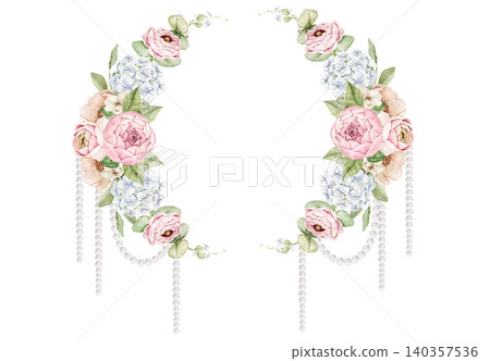 Oval wreath with pink roses, white flowers, ranunculus blooms, eucalyptus leaves and hanging pearl strands. Watercolor hand painted composition for invitations, greeting cards, stationery and wedding Oval wreath with pink roses, white flowers, ranunculus blooms, eucalyptus leaves and hanging pearl strands. Watercolor hand painted composition for invitations, greeting cards, stationery and wedding 140357536