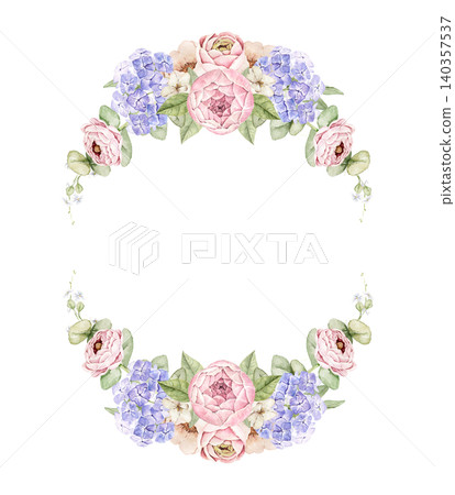 Oval floral frame with pink roses, blue hydrangea, white flowers and eucalyptus leaves. Watercolor hand painted composition with space for text. For invitations, greeting cards and wedding designs. Oval floral frame with pink roses, blue hydrangea, white flowers and eucalyptus leaves. Watercolor hand painted composition with space for text. For invitations, greeting cards and wedding designs. 140357537