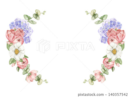 Floral side arrangement with pink roses, blue hydrangea, white daisy and eucalyptus leaves. Watercolor hand painted composition. For invitations, greeting cards, stationery, and wedding designs. 140357542