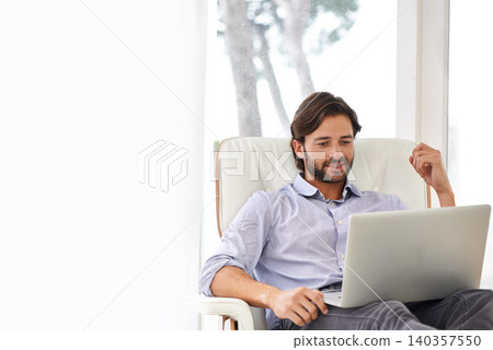 Businessman, relax and sofa with laptop online for remote work, living room and home office for freelance job. Male person, social media and browsing or research on computer, couch and smile Businessman, relax and sofa with laptop online for remote work, living room and home office for freelance job. Male person, social media and browsing or research on computer, couch and smile 140357550