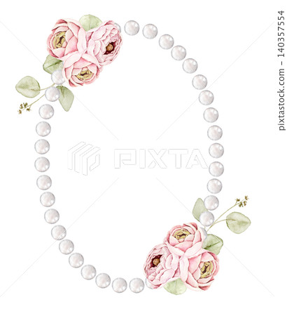 Oval pearl frame with pink ranunculus flowers and green leaves. Watercolor hand painted composition for invitations, greeting cards, stationery, scrapbook, wall art and wedding designs. 140357554