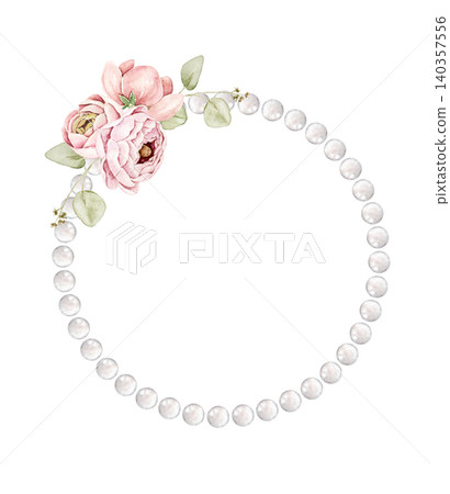 Round pearl frame with pink ranunculus flowers and green leaves. Watercolor hand painted composition for invitations, greeting cards, stationery, scrapbook, wall art and wedding designs. Round pearl frame with pink ranunculus flowers and green leaves. Watercolor hand painted composition for invitations, greeting cards, stationery, scrapbook, wall art and wedding designs. 140357556