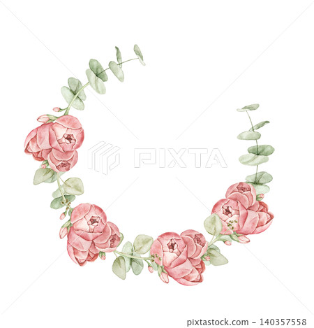 Floral wreath with pink ranunculus flowers and eucalyptus leaves. Watercolor hand painted composition for invitations, greeting cards, stationery, scrapbook projects and wedding designs. Floral wreath with pink ranunculus flowers and eucalyptus leaves. Watercolor hand painted composition for invitations, greeting cards, stationery, scrapbook projects and wedding designs. 140357558