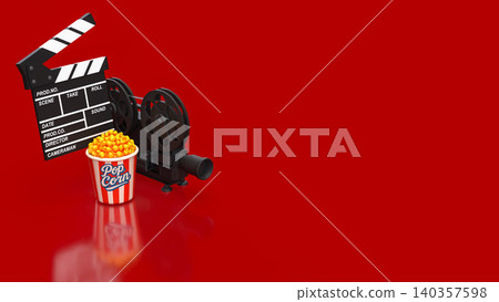 Creative Cinema Night With Popcorn And Vintage Film Equipment 3d render. Creative Cinema Night With Popcorn And Vintage Film Equipment 3d render. 140357598