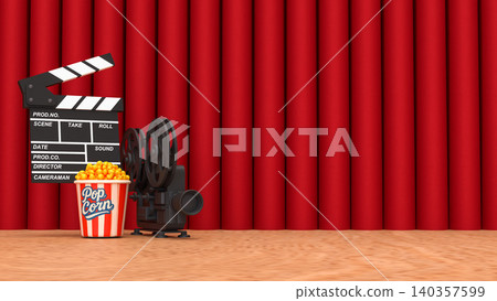 Cinema Stage Scene With Popcorn And Film Clapperboard 3d render. Cinema Stage Scene With Popcorn And Film Clapperboard 3d render. 140357599