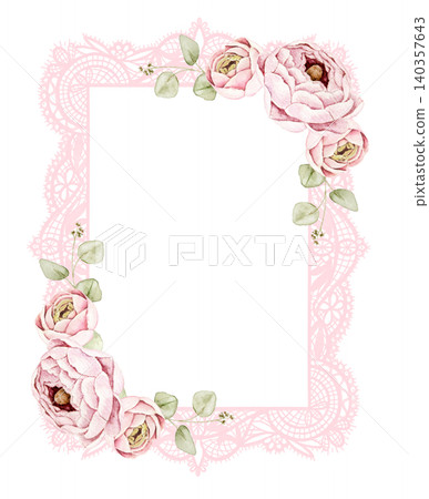 pink lace frame with pink ranunculus flowers and eucalyptus leaves. Watercolor hand painted composition with central space for text. For invitations, stationery, scrapbook and wedding designs. pink lace frame with pink ranunculus flowers and eucalyptus leaves. Watercolor hand painted composition with central space for text. For invitations, stationery, scrapbook and wedding designs. 140357643