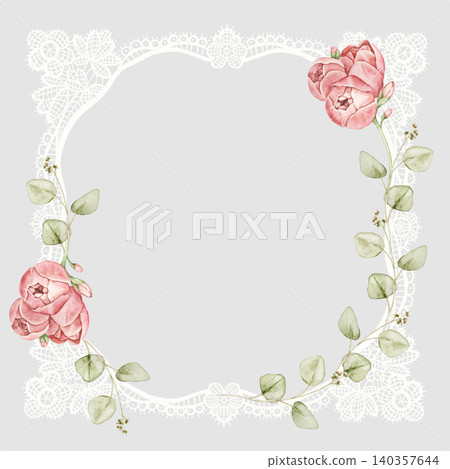 Square lace frame with pink roses and eucalyptus leaves. Watercolor hand painted composition with central space for text. For invitations, stationery, scrapbook, greeting cards and wedding designs. Square lace frame with pink roses and eucalyptus leaves. Watercolor hand painted composition with central space for text. For invitations, stationery, scrapbook, greeting cards and wedding designs. 140357644