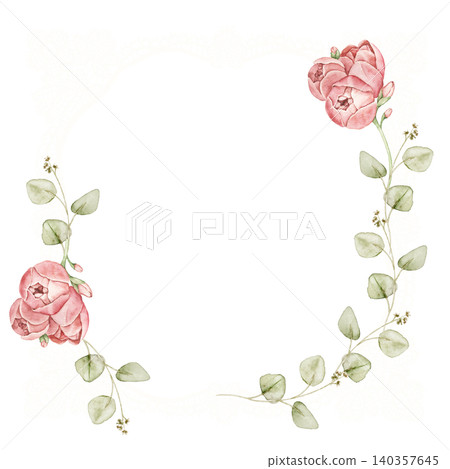 Square lace frame with pink roses and eucalyptus leaves. Watercolor hand painted composition with central space for text. For invitations, stationery, scrapbook, greeting cards and wedding designs. Square lace frame with pink roses and eucalyptus leaves. Watercolor hand painted composition with central space for text. For invitations, stationery, scrapbook, greeting cards and wedding designs. 140357645