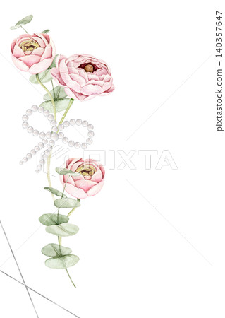 Vertical floral arrangement with pink roses, eucalyptus leaves and pearl bow. Watercolor hand painted composition for invitations, stationery, scrapbook, greeting cards and wedding designs. Vertical floral arrangement with pink roses, eucalyptus leaves and pearl bow. Watercolor hand painted composition for invitations, stationery, scrapbook, greeting cards and wedding designs. 140357647