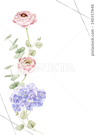 Vertical floral arrangement with pink roses, blue hydrangea and eucalyptus leaves. Watercolor hand painted composition for invitations, stationery, scrapbook, greeting cards and wedding designs. Vertical floral arrangement with pink roses, blue hydrangea and eucalyptus leaves. Watercolor hand painted composition for invitations, stationery, scrapbook, greeting cards and wedding designs. 140357648