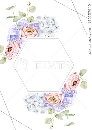 Hexagon floral frame with pink roses, blue hydrangeas and eucalyptus leaves. Watercolor hand painted border with central space for text. For invitations, stationery, scrapbook and wedding designs. Hexagon floral frame with pink roses, blue hydrangeas and eucalyptus leaves. Watercolor hand painted border with central space for text. For invitations, stationery, scrapbook and wedding designs. 140357649