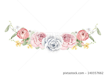 Watercolor floral swag with pink ranunculus, blush roses, white rose, eucalyptus leaves and small yellow blossoms. Suitable for invitations, greeting cards, packaging, stationery, and wedding projects Watercolor floral swag with pink ranunculus, blush roses, white rose, eucalyptus leaves and small yellow blossoms. Suitable for invitations, greeting cards, packaging, stationery, and wedding projects 140357662