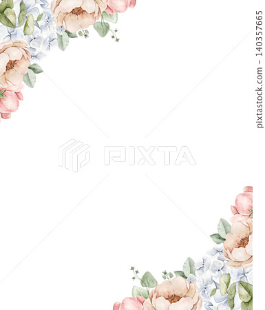 Floral corner frame with roses, hydrangeas and eucalyptus leaves. Watercolor hand painted border with central space for text. For invitations, stationery, scrapbook, greeting cards and wedding designs Floral corner frame with roses, hydrangeas and eucalyptus leaves. Watercolor hand painted border with central space for text. For invitations, stationery, scrapbook, greeting cards and wedding designs 140357665