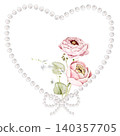 Watercolor heart made of pearls with pink ranunculus flowers and small blossoms. Floral composition for wedding invitations, greeting cards, anniversary stationery, branding and packaging. 140357705