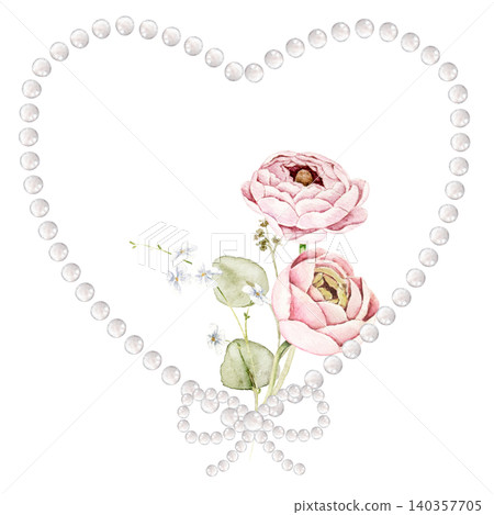 Watercolor heart made of pearls with pink ranunculus flowers and small blossoms. Floral composition for wedding invitations, greeting cards, anniversary stationery, branding and packaging. Watercolor heart made of pearls with pink ranunculus flowers and small blossoms. Floral composition for wedding invitations, greeting cards, anniversary stationery, branding and packaging. 140357705