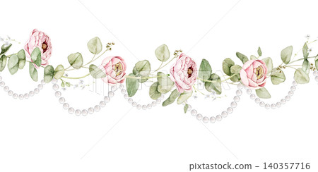 Eucalyptus watercolor greenery garland border with flowing branches and space above and below for text. Suitable for wedding stationery, greeting cards, branding and botanical projects. 140357716