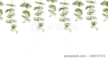 Eucalyptus watercolor hanging greenery border with cascading branches and space below for text. Suitable for wedding invitations, greeting cards, stationery, textiles and botanical branding projects. Eucalyptus watercolor hanging greenery border with cascading branches and space below for text. Suitable for wedding invitations, greeting cards, stationery, textiles and botanical branding projects. 140357721
