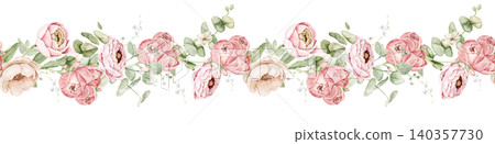 Watercolor seamless floral border with ranunculus flowers and eucalyptus greenery. Suitable for wedding invitations, greeting cards, stationery and feminine branding designs. Watercolor seamless floral border with ranunculus flowers and eucalyptus greenery. Suitable for wedding invitations, greeting cards, stationery and feminine branding designs. 140357730