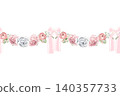 Watercolor seamless floral border with ranunculus flowers, white roses, greenery and pink lace bows. Suitable for wedding invitations, greeting cards, stationery and feminine branding designs. 140357733