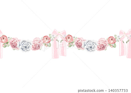 Watercolor seamless floral border with ranunculus flowers, white roses, greenery and pink lace bows. Suitable for wedding invitations, greeting cards, stationery and feminine branding designs. Watercolor seamless floral border with ranunculus flowers, white roses, greenery and pink lace bows. Suitable for wedding invitations, greeting cards, stationery and feminine branding designs. 140357733