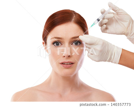 Woman, portrait and hands or filler injection in face or anti aging skincare procedure, dermatology or plastic surgery. Female person, transformation and syringe or studio, mockup or white background Woman, portrait and hands or filler injection in face or anti aging skincare procedure, dermatology or plastic surgery. Female person, transformation and syringe or studio, mockup or white background 140357773