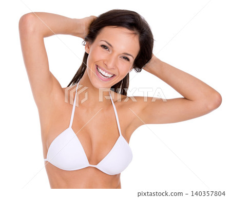 Portrait, humor and woman with lingerie, smile and person isolated on a white studio background. Face, girl and model with bikini and peaceful with skincare and laughing with underwear and joyful Portrait, humor and woman with lingerie, smile and person isolated on a white studio background. Face, girl and model with bikini and peaceful with skincare and laughing with underwear and joyful 140357804