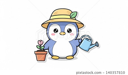 Cute penguin gardener with watering can gardener watering character illustration friendly whimsical isolated positive botanical blooming minimalist vectorart 140357810