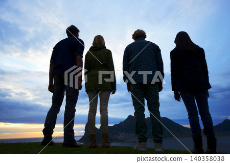 Friends, back of people and silhouette for travel, hiking in nature with view and sunrise sky while outdoor. Clouds, natural and environment, trekking for adventure and bonding with friendship Friends, back of people and silhouette for travel, hiking in nature with view and sunrise sky while outdoor. Clouds, natural and environment, trekking for adventure and bonding with friendship 140358038