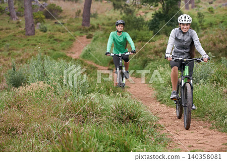 Happy woman, portrait and friends with bicycle for cycling, off road travel or trail in nature. Female person, rider or biker with smile in forest for fitness, workout or outdoor sports exercise Happy woman, portrait and friends with bicycle for cycling, off road travel or trail in nature. Female person, rider or biker with smile in forest for fitness, workout or outdoor sports exercise 140358081