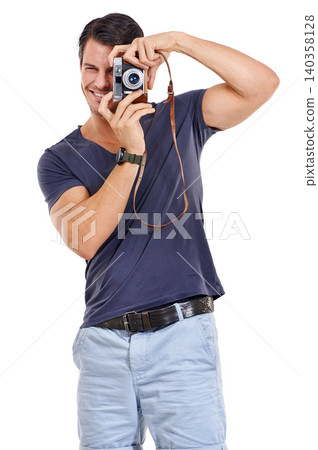 Portrait, photographer and happy man with retro camera for isolated on white studio background. Creative, paparazzi and smile of cameraman with vintage lens for hobby, photoshoot or taking pictures Portrait, photographer and happy man with retro camera for isolated on white studio background. Creative, paparazzi and smile of cameraman with vintage lens for hobby, photoshoot or taking pictures 140358128