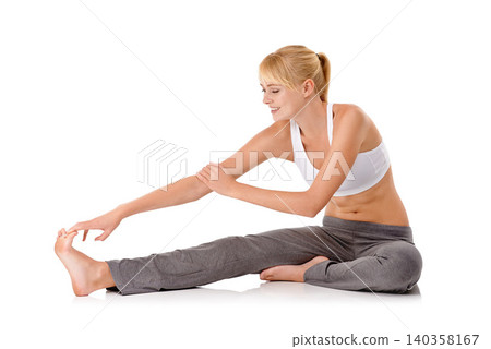 Woman, legs and stretching in studio for yoga flexibility or practice for workout warm up, wellness or white background. Female person, arm and foot for mobility training, pilates or mockup space Woman, legs and stretching in studio for yoga flexibility or practice for workout warm up, wellness or white background. Female person, arm and foot for mobility training, pilates or mockup space 140358167