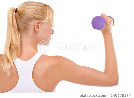 Woman, weightlifting and dumbbell exercise or training arm workout on white background, mockup space or studio. Female person, equipment and gym in Canada or performance back view, wellness or muscle Woman, weightlifting and dumbbell exercise or training arm workout on white background, mockup space or studio. Female person, equipment and gym in Canada or performance back view, wellness or muscle 140358174