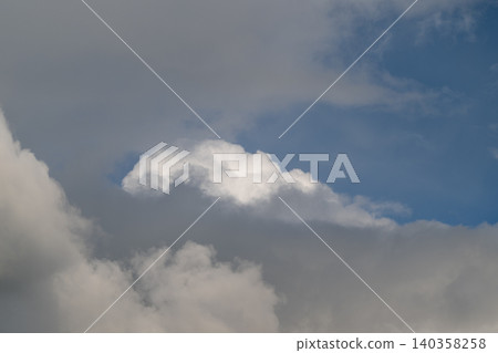 Solitary white cloud over blue sky, textured lower cloud bank, soft sunlight grazing edges, tranquil mood ideal for mindfulness and wellness backgrounds or weather concept visuals Solitary white cloud over blue sky, textured lower cloud bank, soft sunlight grazing edges, tranquil mood ideal for mindfulness and wellness backgrounds or weather concept visuals 140358258