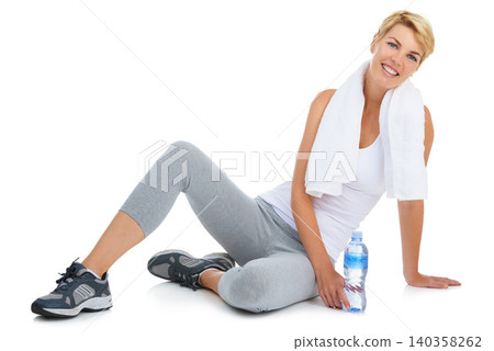 Woman, exercise and water bottle in portrait in wellness studio, fitness and workout on health mockup. White background, smiling girl and drinking liquid for cardio recovery, dehydration and rest Woman, exercise and water bottle in portrait in wellness studio, fitness and workout on health mockup. White background, smiling girl and drinking liquid for cardio recovery, dehydration and rest 140358262