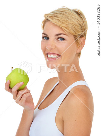 Woman, portrait and health apple in studio for fitness, wellness or diet by white background, mockup or backdrop. Model, dietician and nutritionist with fruit for breakfast food, vitamins or detox Woman, portrait and health apple in studio for fitness, wellness or diet by white background, mockup or backdrop. Model, dietician and nutritionist with fruit for breakfast food, vitamins or detox 140358269