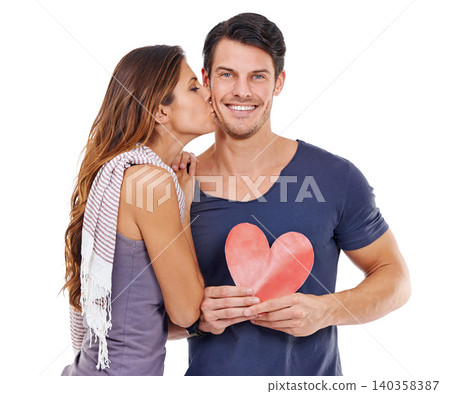 Portrait, paper and heart with couple, kiss and love isolated on a white studio background. Face, man and woman with cutout and symbol with romance and Valentines day with marriage and relationship Portrait, paper and heart with couple, kiss and love isolated on a white studio background. Face, man and woman with cutout and symbol with romance and Valentines day with marriage and relationship 140358387