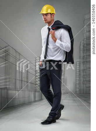 Man, engineer and architecture drawing of building for blueprint project planning, construction or cityscape. Person, professional and walking or renovation with helmet, illustration or skyscraper Man, engineer and architecture drawing of building for blueprint project planning, construction or cityscape. Person, professional and walking or renovation with helmet, illustration or skyscraper 140358406