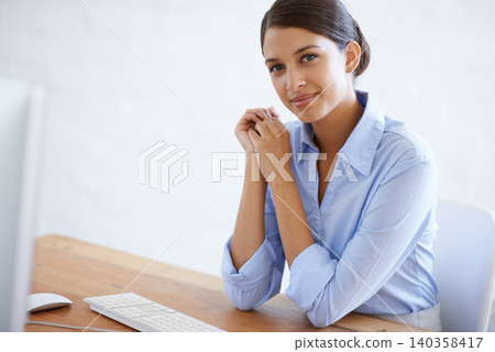 Happy, portrait and professional woman at desk in office with computer as clerk or happy secretary in administration. Business, assistant and employee ready to start on project with confidence Happy, portrait and professional woman at desk in office with computer as clerk or happy secretary in administration. Business, assistant and employee ready to start on project with confidence 140358417