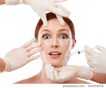 Woman, portrait and hands or injection in face or anti aging skincare procedure, dermatology or plastic surgery. Female person, fingers and syringe needle or studio, mockup or white background 140358478