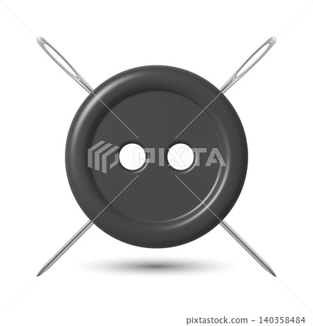 Vector 3d Black Sewing Button With Needles Icon, Isolated. Tailoring Craft Symbol. Clothing Fastener, Needlework Accessories, Dressmaker Atelier Illustration. Sewing Supplies 140358484