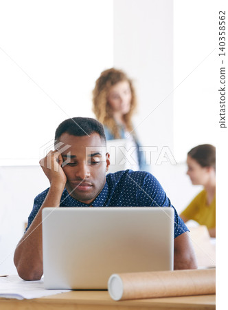 African, businessman and computer with office, tired and stress with work. Architect, technology and paperwork with laptop, fatigue and startup or small business with plans for entrepreneurship African, businessman and computer with office, tired and stress with work. Architect, technology and paperwork with laptop, fatigue and startup or small business with plans for entrepreneurship 140358562